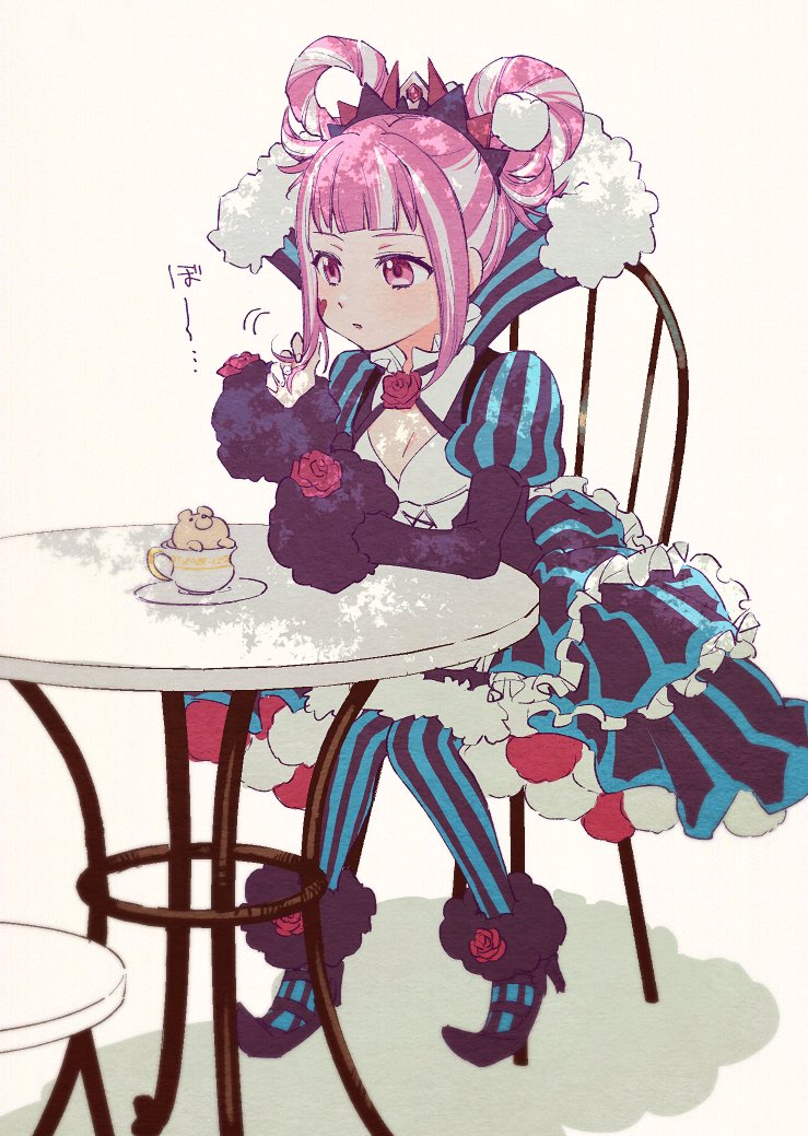 1girl, blue_dress, blunt_bangs, chair, cup, dress, facial_mark, fire_emblem