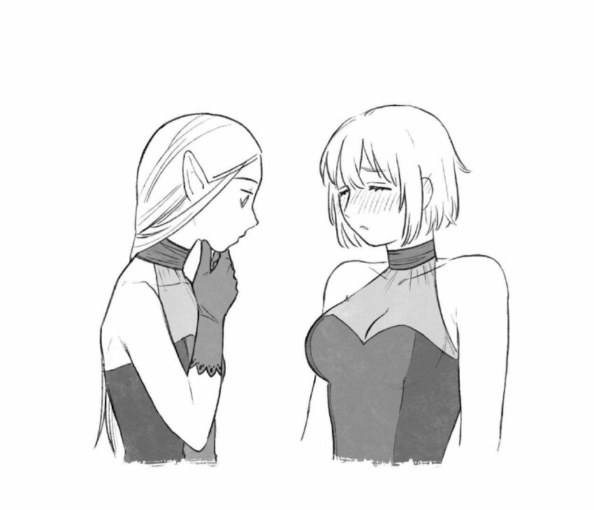 2girls, bare_shoulders, blonde_hair, blush, breasts, cropped_torso, dungeon_meshi, ear_blush, elf, embarrassed, facing_another, falin_touden, falin_touden_(tallman), flat_chest, gloves, greyscale, halterneck, hand_on_own_chin, hand_up, large_breasts, long_hair, looking_at_another, looking_at_breasts, marcille_donato, matching_outfits, monochrome, multiple_girls, pest_fox, pointy_ears, profile, see-through_clothes, short_hair, simple_background, sleeveless, staring, stroking_own_chin, thinking