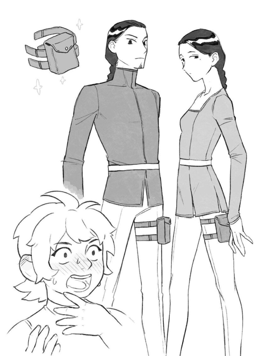 1boy, 2girls, belt, blush, braid, braided_ponytail, breasts, brother_and_sister, dungeon_meshi, ear_blush, facial_hair, goatee, greyscale, hair_pulled_back, hands_up, highres, kaka_floke, kiki_floke, looking_at_viewer, matching_outfits, medium_hair, mole, mole_under_eye, monochrome, multiple_girls, namari_(dungeon_meshi), nervous, nose_blush, open_mouth, pants, pest_fox, pouch, short_hair, siblings, sidelocks, sideways_glance, simple_background, single_braid, sleeveless, small_breasts, sparkle, standing, sweat, thigh_pouch, twins