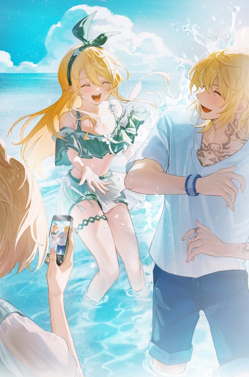 1boy, 2girls, apol_(ap_is_apol), bikini, bikini_skirt, blonde_hair, blue_shorts, bow, cellphone, chest_tattoo, closed_eyes, commentary, frilled_bikini, frills, green_bikini, green_bow, green_headband, hair_bow, headband, highres, in_water, long_hair, luca_kaneshiro, medium_hair, millie_parfait, mlp_(nijisanji_en), multiple_girls, neck_tattoo, nijisanji, nijisanji_en, phone, pomu_rainpuff, shirt, shorts, sky, smartphone, swimsuit, untranslatable_commentary, t-shirt, tattoo, thigh_strap, v-neck, virtual_youtuber, white_shirt