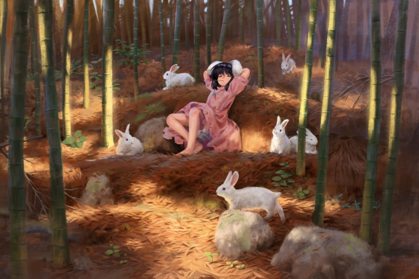 1girl, animal_ears, arms_behind_head, bamboo, bamboo_forest, black_hair, bloomers, carrot_necklace, closed_eyes, commentary_request, dress, forest, full_body, highres, inaba_tewi, jewelry, nature, necklace, outdoors, pink_dress, rabbit, rabbit_ears, rabbit_girl, satellitedragon, short_hair, short_sleeves, touhou, underwear
