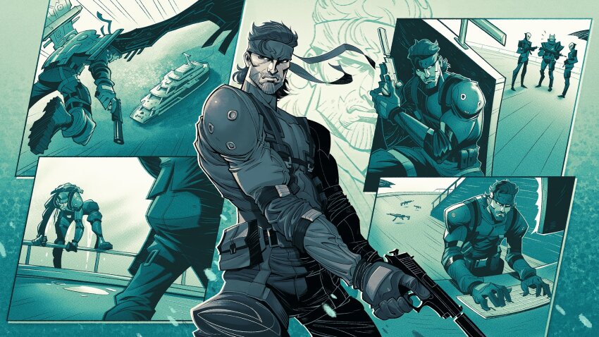 aircraft, assault_rifle, beard, closed_mouth, commentary, english_commentary, facial_hair, fortnite, gameplay_mechanics, glider, gun, handgun, headband, hiding, highres, holding, holding_weapon, male_focus, metal_gear_(series), official_art, rifle, ryan_smallman, short_hair, solid_snake, standing, suppressor, taking_cover, trigger_discipline, weapon
