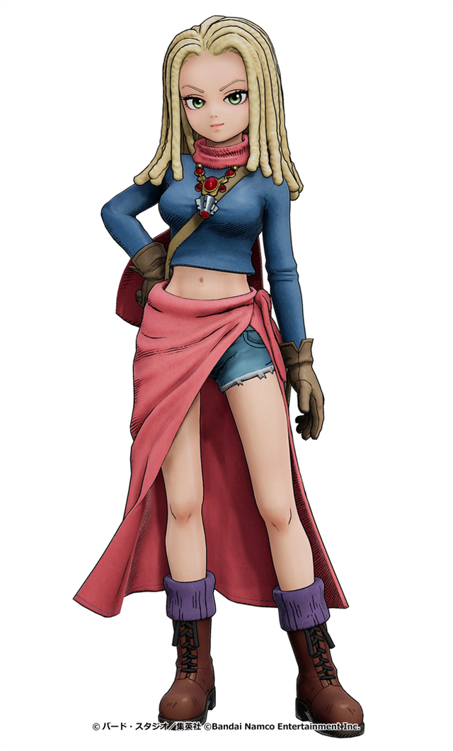 1girl, 3d, ann_(sand_land), blonde_hair, blouse, boots, breasts, denim, dreadlocks, full_body, gloves, green_eyes, jeans, jewelry, large_breasts, legs, navel, necklace, official_art, pants, sand_land, shirt, short_shorts, shorts, simple_background, thighs, toriyama_akira