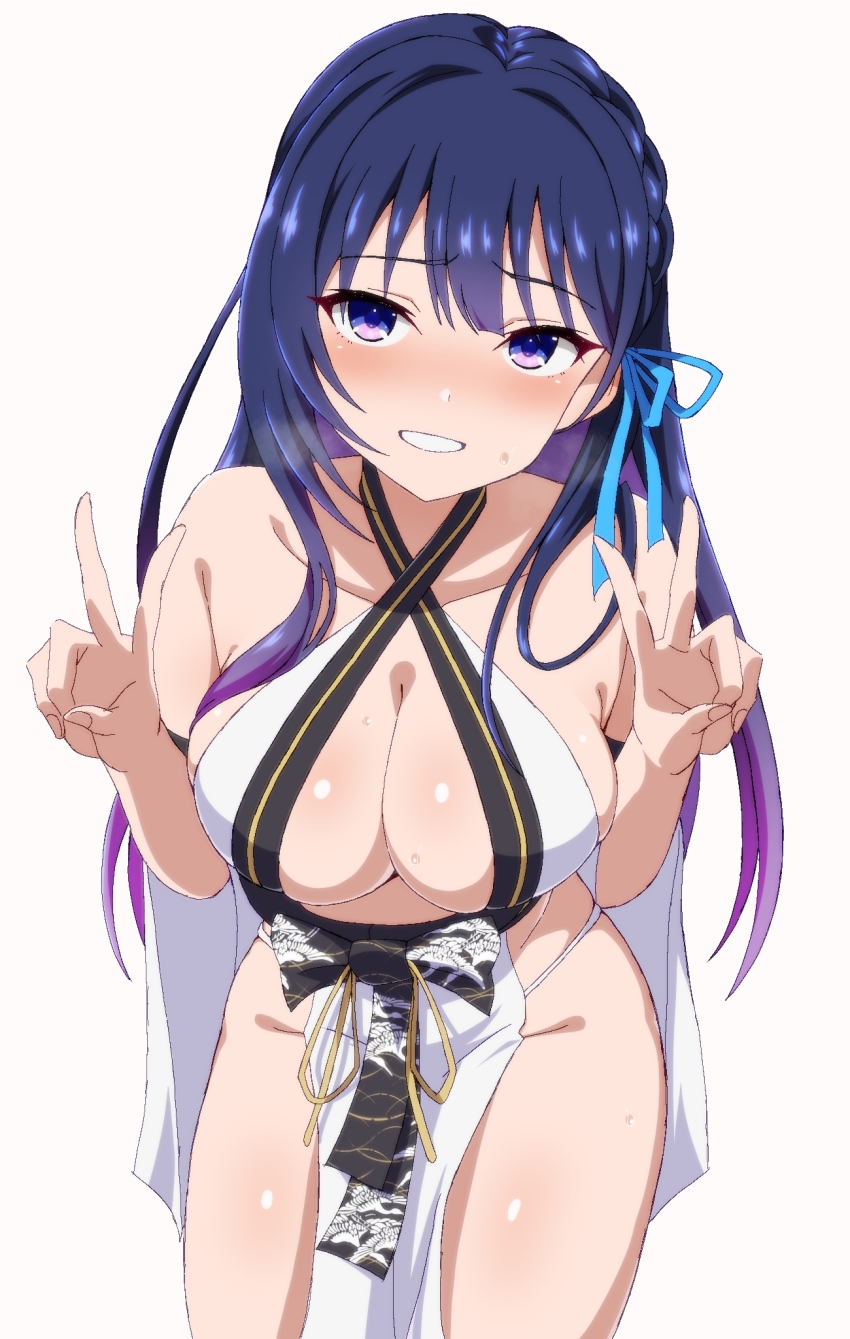 1girl, bikini, breasts, closed_mouth, cowboy_shot, double_v, gradient_hair, hair_ribbon, halterneck, highres, idolmaster, idolmaster_va-liv, kamizuru_cosmo, large_breasts, long_hair, looking_at_viewer, multicolored_hair, nervous_smile, pov, purple_eyes, purple_hair, ribbon, rqm55, simple_background, smile, solo, swimsuit, v, virtual_youtuber, white_background, white_bikini