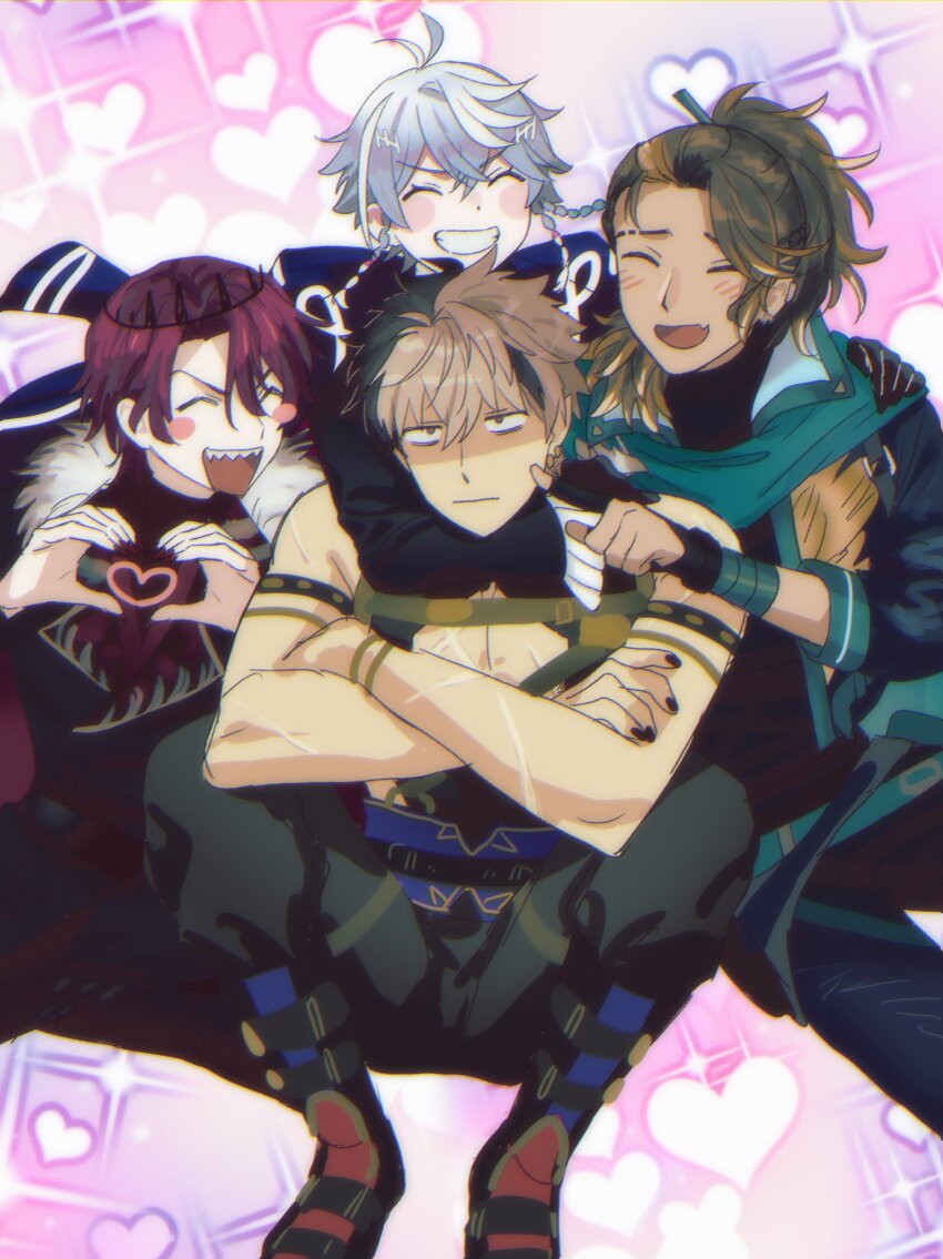 4boys, ^_^, black_gloves, black_hair, black_nails, black_pants, blonde_hair, blue_hair, blush_stickers, brown_hair, cheek_poking, closed_eyes, clothing_cutout, crimzon_ruze, crossed_arms, crown, earrings, eyebrow_cut, fang, fingerless_gloves, fur-trimmed_jacket, fur_trim, gloves, goldbullet, hair_between_eyes, hair_ornament, hand_on_another's_shoulder, heart, heart_hands, highres, holoarmis, holostars, holostars_english, hug, jacket, jewelry, jurard_t_rexford, long_hair, male_focus, multicolored_hair, multiple_boys, octavio, on_floor, open_mouth, pants, poking, ponytail, red_hair, scar, scar_on_chest, shaded_face, sharp_teeth, shirt, short_hair, sitting, skin_fang, sleeveless, sleeveless_shirt, smile, sparkle_background, streaked_hair, teeth, tom_8b, tri_braids, virtual_youtuber