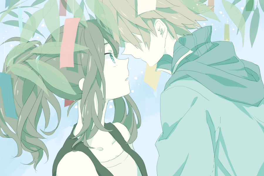 1boy, 1girl, ai_ne_ko, black_vest, blonde_hair, blue_background, brown_hair, green_eyes