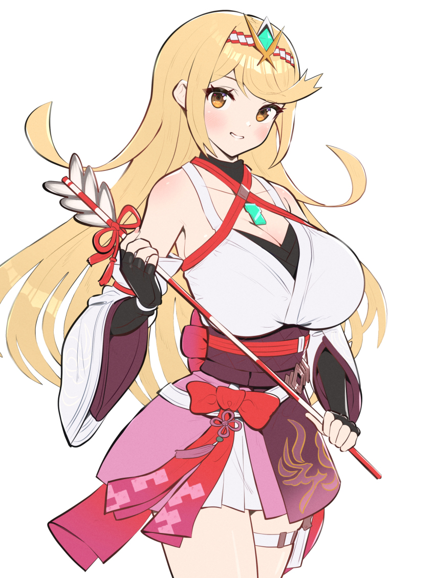 1girl, absurdres, arrow_(projectile), black_gloves, blonde_hair, blush, breasts, chest_jewel