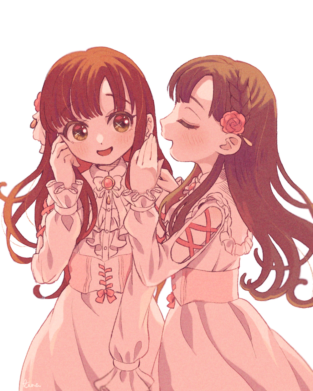 2girls, ascot, blush, braid, brooch, brown_eyes, brown_hair, chiri_sousu, closed_eyes, clothing_cutout, commentary_request, crown_braid, flower, hair_flower, hair_ornament, highres, idolmaster, idolmaster_cinderella_girls, jewelry, kobayakawa_sae, long_hair, long_sleeves, looking_at_another, mizumoto_yukari, multiple_girls, rose, shoulder_cutout, simple_background, smile, upper_body, whispering_in_ear, white_background