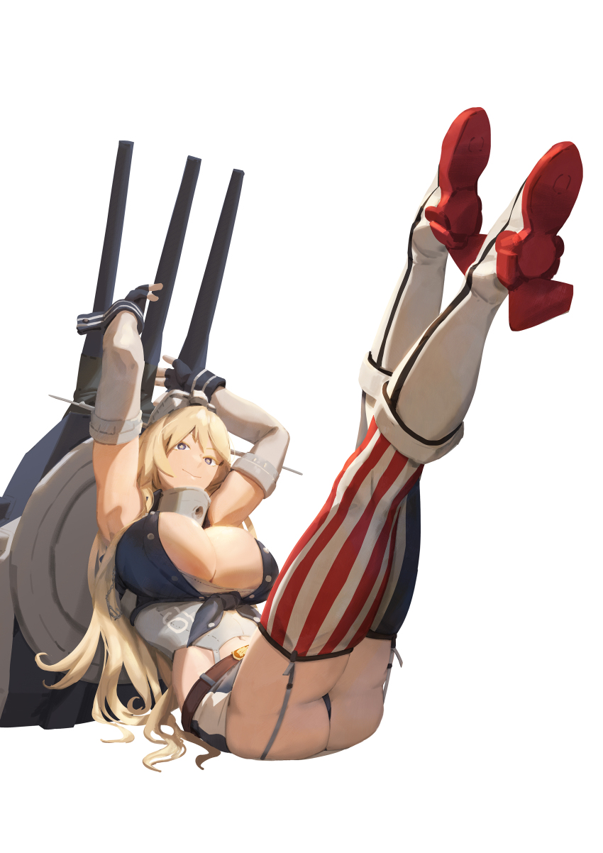 1girl, absurdres, american_flag, american_flag_legwear, asymmetrical_legwear, black_panties, blonde_hair, blue_eyes