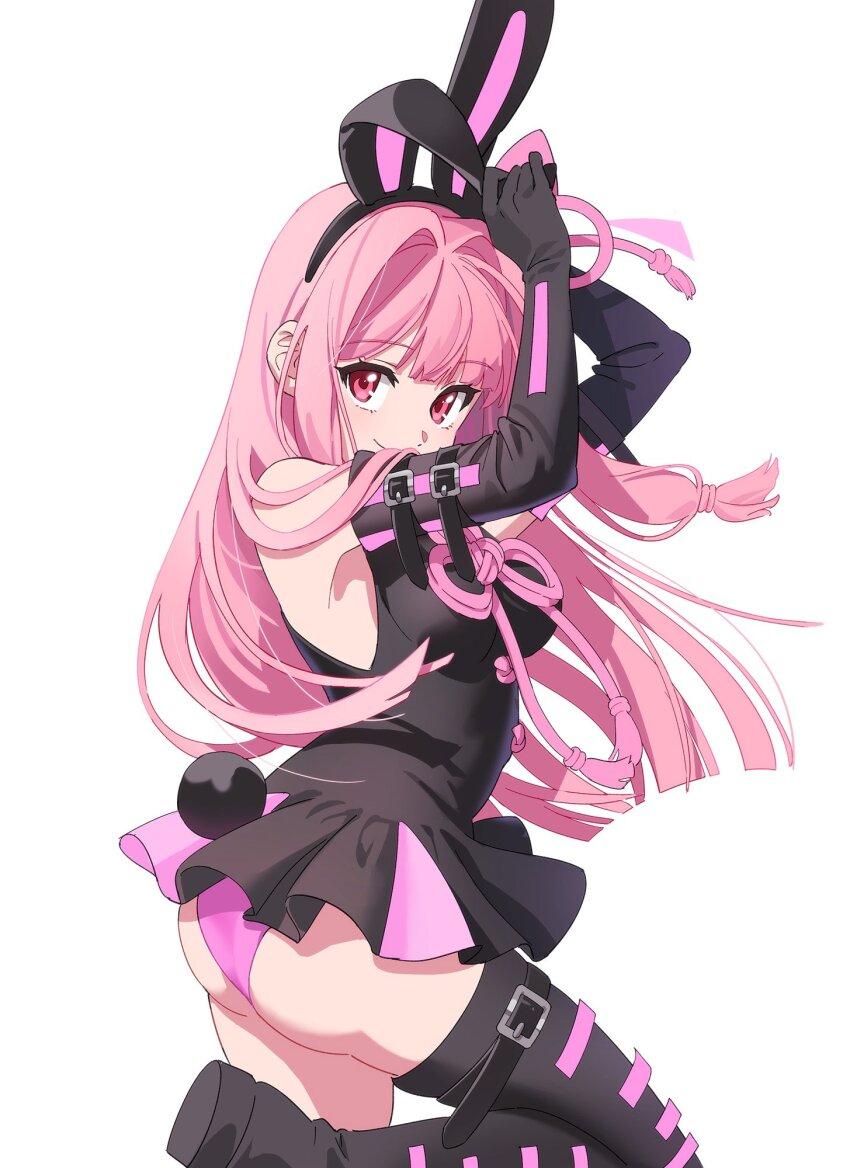 1girl, animal_ears, arms_up, ass, belt_boots, blunt_ends, boots, commission