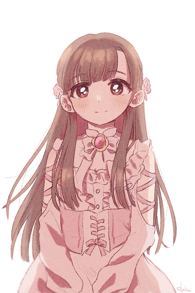 1girl, arm_cutout, blush, bow, bowtie, brooch, brown_hair, chiri_sousu, clothing_cutout, dress, flower, hair_flower, hair_ornament, idolmaster, idolmaster_cinderella_girls, jewelry, kobayakawa_sae, long_hair, looking_at_viewer, pink_dress, red_eyes, simple_background, smile, solo, upper_body, white_background