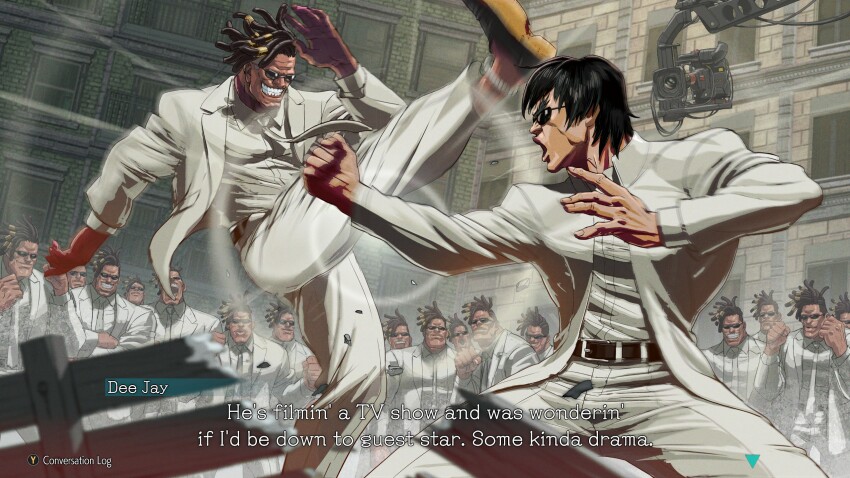 agent_smith, agent_smith_(cosplay), camera, cosplay, dee_jay, dialogue_box, fei_long, fighting_stance