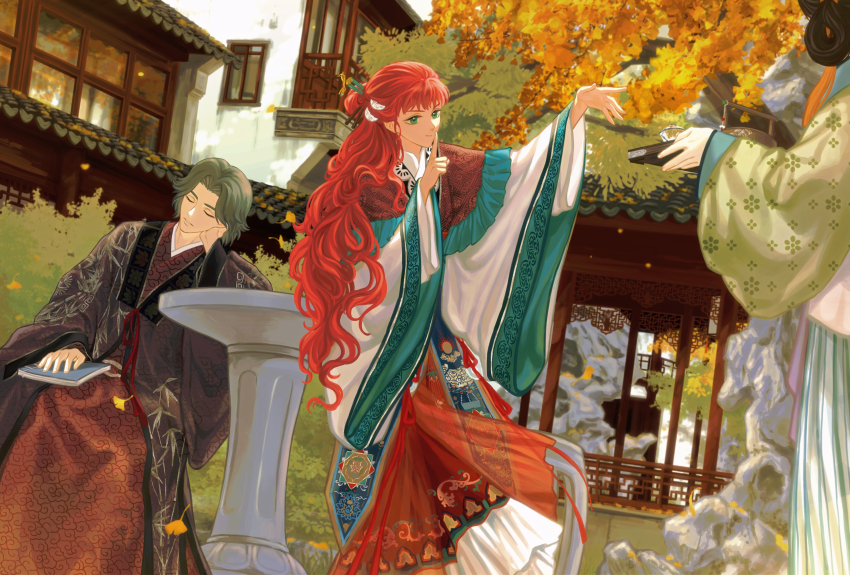 1boy, 2girls, absurdres, alternate_hairstyle, architecture, autumn, autumn_leaves, black_hair