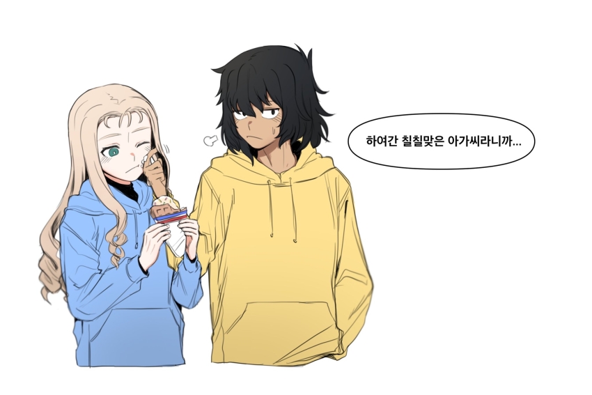 2girls, alternate_costume, andou_(girls_und_panzer), ast.rockett, black_hair, blonde_hair, blue_hoodie, crepe