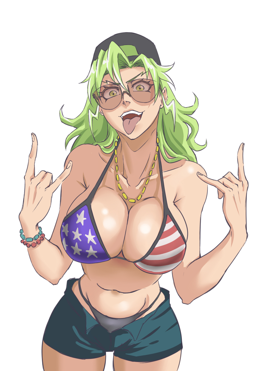 1girl, absurdres, american_flag, american_flag_bikini, american_flag_print, backwards_hat, baseball_cap, bikini, bleach, bleach:_sennen_kessen-hen, bracelet, breasts, candice_catnipp, cleavage, collarbone, cosplay, flag_print, flag_print_bikini, gloves, grand_theft_auto, grand_theft_auto_vi, green_eyes, green_hair, hand_gesture, hat, highres, jewelry, large_breasts, long_hair, looking_at_viewer, matching_hair/eyes, necklace, open_mouth, print_bikini, rakusakugk, redneck_girl_(gta_vi), redneck_girl_(gta_vi)_(cosplay), shorts, simple_background, solo, stomach, sunglasses, swimsuit, tongue, tongue_out, upper_body, white_background