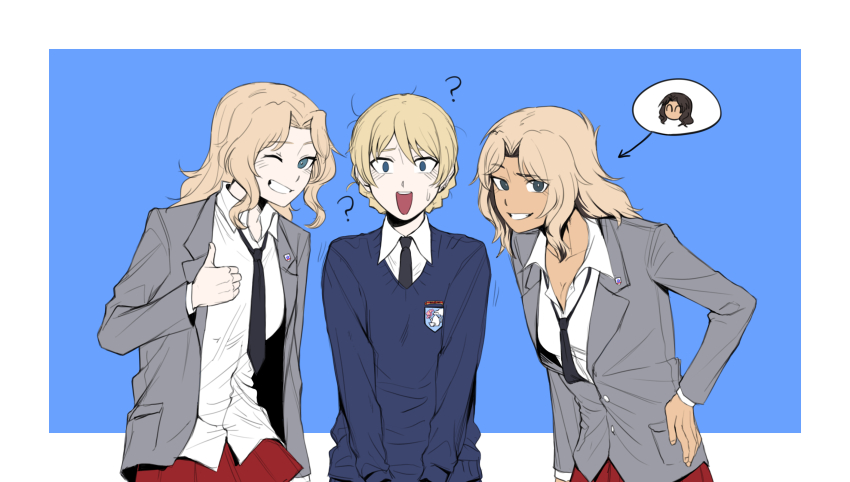 ?, aqua_eyes, arrow_(symbol), ast.rockett, black_necktie, blazer, blonde_hair, blue_background, blue_eyes, blue_sweater, border, braid, collared_shirt, commentary_request, confused, cosplay, darjeeling_(girls_und_panzer), disguise, el_(girls_und_panzer), emblem, girls_und_panzer, grey_eyes, grey_jacket, grin, hand_on_own_hip, highres, jacket, kay_(girls_und_panzer), kay_(girls_und_panzer)_(cosplay), long_sleeves, look-alike, medium_hair, necktie, one_eye_closed, open_clothes, open_collar, open_jacket, open_mouth, parted_bangs, red_skirt, saunders_(emblem), saunders_school_uniform, school_uniform, shirt, simple_background, skirt, smile, speech_bubble, st._gloriana's_(emblem), st._gloriana's_school_uniform, sweater, tan, teeth, thumbs_up, upper_body, upper_teeth_only, white_border, white_shirt
