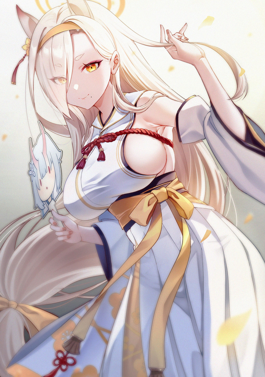 1girl, animal_ears, blonde_hair, blue_archive, breasts, detached_sleeves, extra_ears, eyeshadow