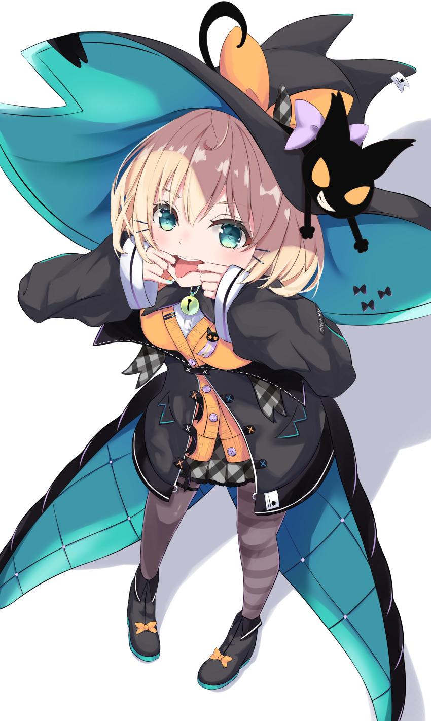 1girl, absurdres, aqua_eyes, asymmetrical_legwear, bell, black_jacket, blonde_hair, blush