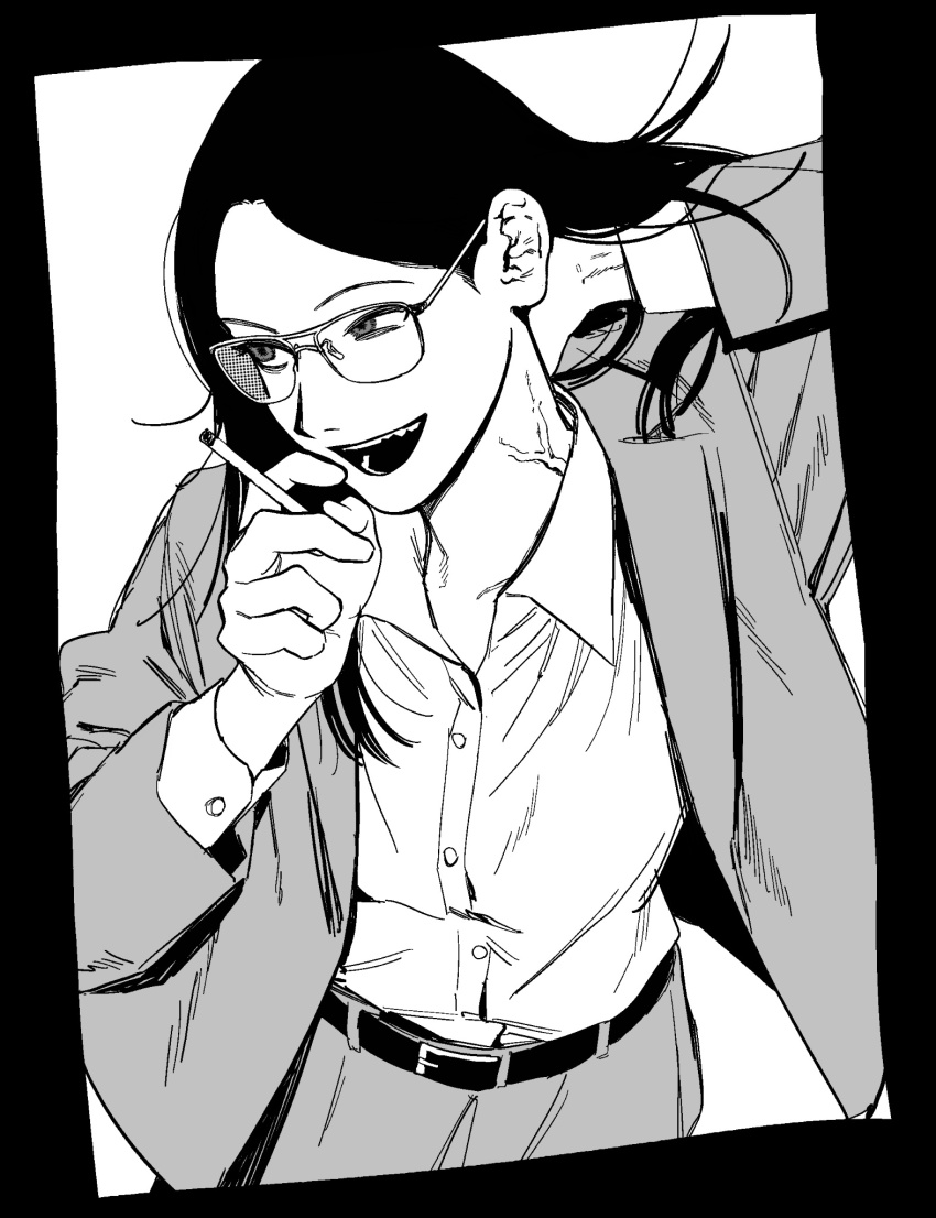1girl, bags_under_eyes, between_fingers, cigarette, commentary_request, cowboy_shot, suit_pants, dress_shirt