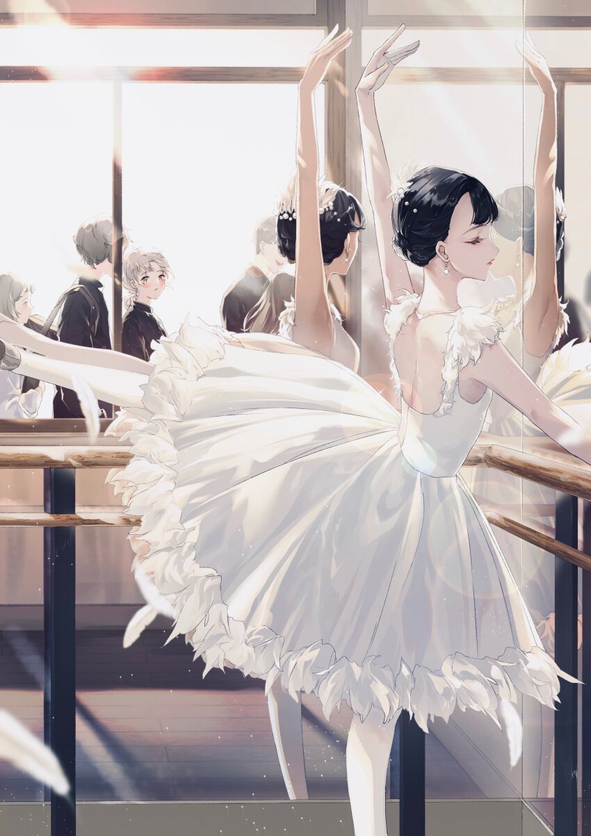 1boy, 1girl, absurdres, anna_(avona), back_cutout, ballerina, ballet, ballet_slippers, bare_arms, bare_back, black_hair, black_shirt, blush, closed_eyes, clothing_cutout, collared_shirt, commentary, earrings, english_commentary, eyelashes, feather-trimmed_leotard, feather-trimmed_skirt, feather_hair_ornament, feather_trim, feathers, feet_out_of_frame, from_side, frown, full-length_mirror, grey_eyes, grey_footwear, grey_hair, hair_bun, hair_ornament, highres, indoors, jewelry, leg_up, leotard, lipstick, looking_at_another, low_ponytail, makeup, medium_skirt, mirror, necklace, original, pantyhose, parted_lips, people, ponytail, railing, red_lips, school_uniform, senshuu_(anna_(avona)), shirt, short_hair, short_ponytail, single_hair_bun, skirt, sphere_earrings, suzume_(anna_(avona)), tutu, upper_body, white_leotard, white_pantyhose, white_skirt, window