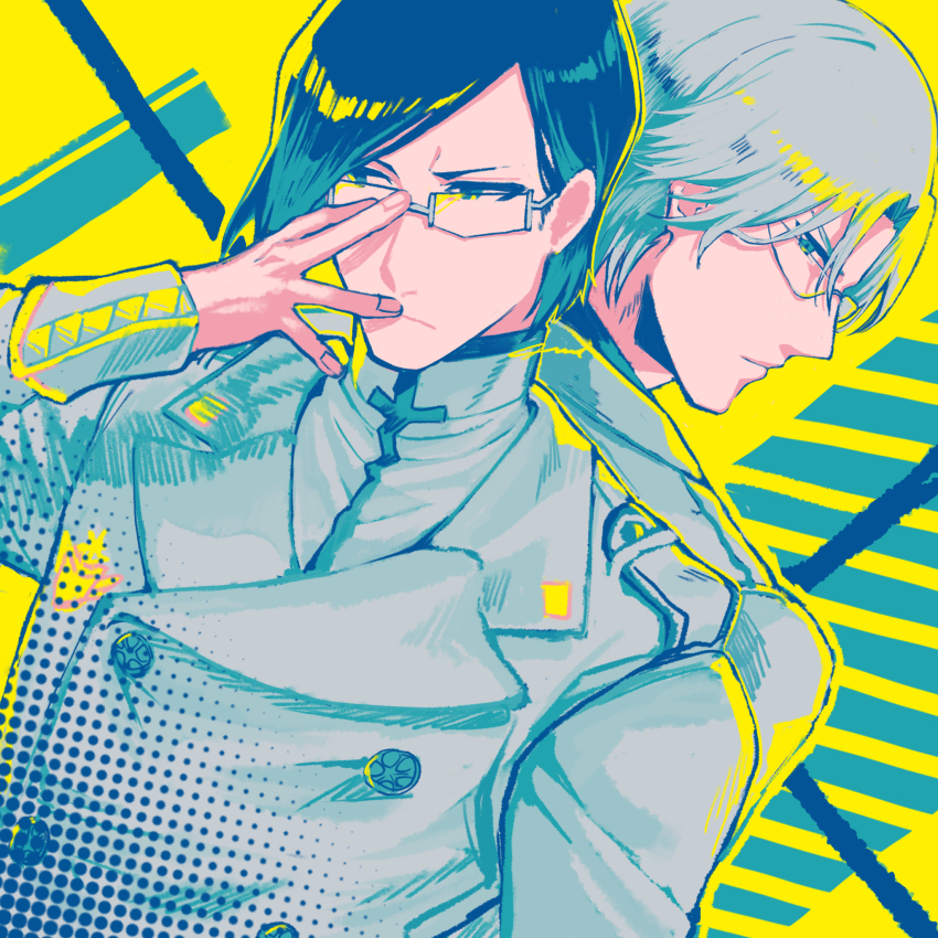 2boys, a_nzi_end, abstract_background, adjusting_eyewear, black_hair, bleach, bleach:_sennen_kessen-hen, blue_eyes