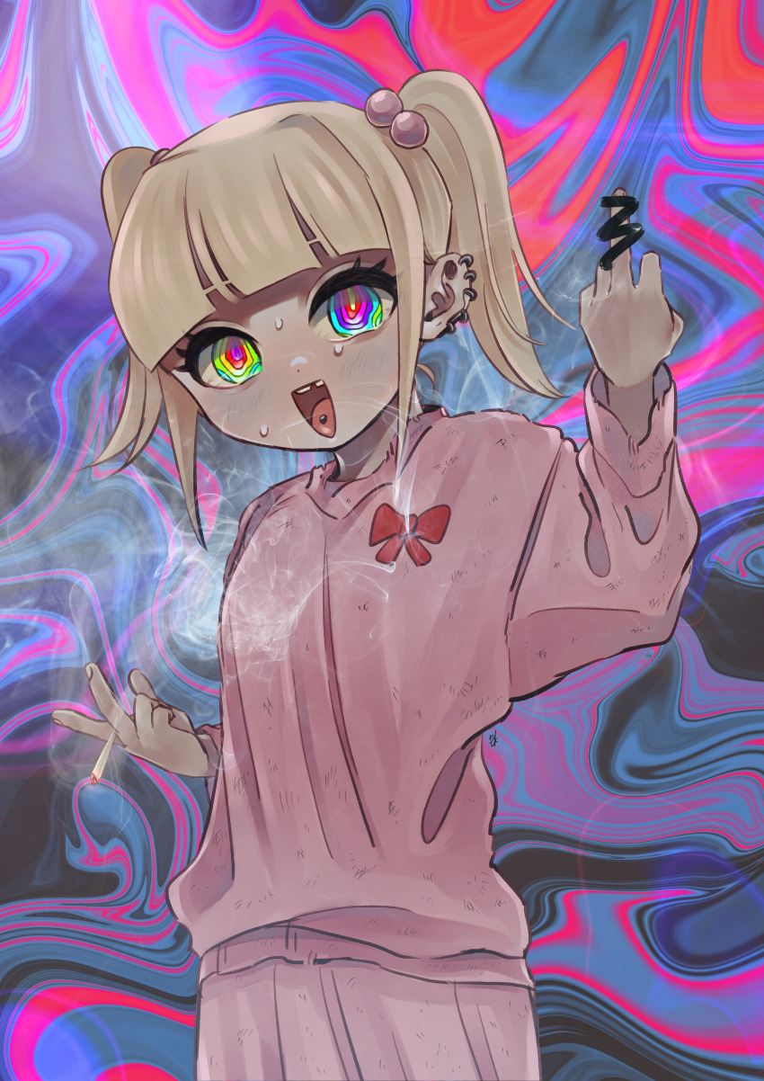 1girl, abstract_background, absurdres, blonde_hair, censored, censored_gesture, chanel_(jimoto_saikou), cigarette