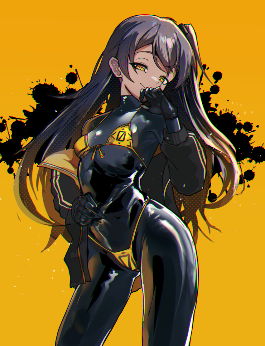 1girl, absurdres, bikini, bodysuit, breasts, brown_hair, cowboy_shot, girls'_frontline