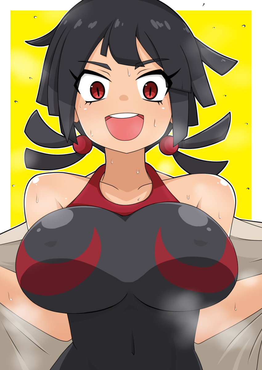 1girl, berun_(zakeruga1zakeru), black_hair, breasts, covered_erect_nipples, highres, large_breasts, nintendo, pokemon, pokemon_omega_ruby_and_alpha_sapphire, red_eyes, solo, sweat, zinnia_(pokemon)