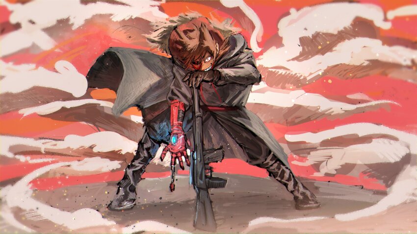 1boy, belt, black_boots, black_coat, black_gloves, black_pants, black_sclera, blood, blood_on_face, boots, brown_hair, coat, colored_sclera, dora_(dorrra05), dust_cloud, eddsworld, evil_grin, evil_smile, full_body, fur-trimmed_hood, fur_trim, gloves, grin, hair_ears, highres, hood, hooded_coat, knee_boots, leaning_forward, legs_apart, light_particles, long_sleeves, looking_at_viewer, male_focus, mechanical_arms, mismatched_sclera, pants, planted, red_background, red_belt, red_eyes, sharp_teeth, single_glove, single_mechanical_arm, smile, solo, standing, teeth, tord_(eddsworld), wide-eyed, wind, wind_lift