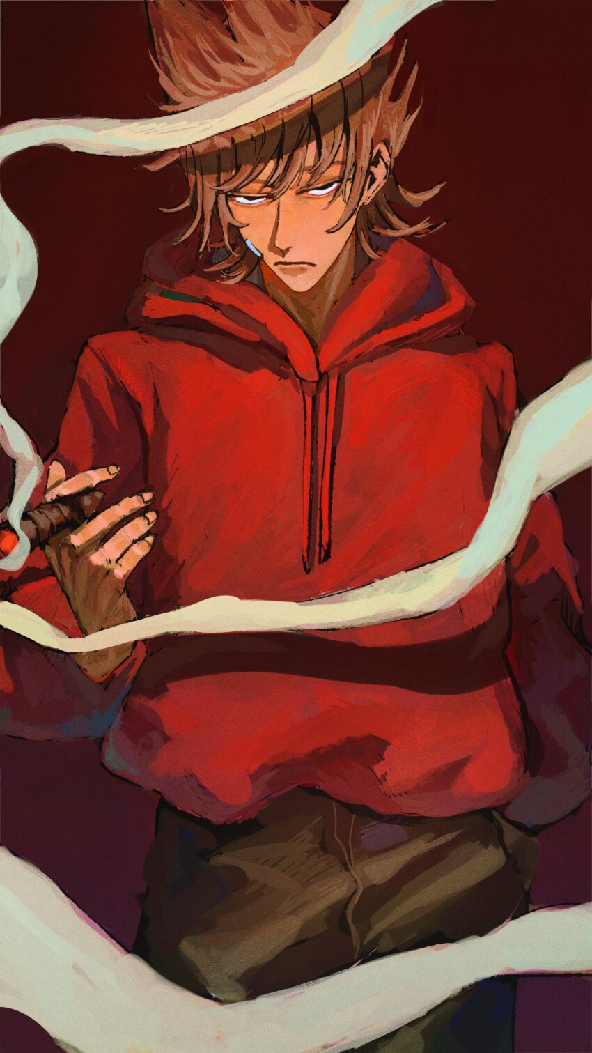 1boy, absurdres, bandage_on_face, bandages, black_eyes, brown_hair, brown_pants, cigar