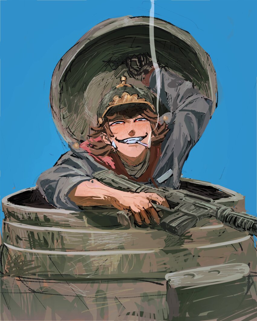 1boy, absurdres, arm_up, assault_rifle, black_coat, black_eyes, black_gloves, blue_background, brown_hair, cigarette, coat, combat_helmet, dora_(dorrra05), eddsworld, evil_grin, evil_smile, finger_on_trigger, flipped_hair, gloves, grin, gun, half-closed_eyes, hatch, helmet, highres, holding, holding_gun, holding_weapon, hood, hood_down, hooded_coat, long_sleeves, looking_at_viewer, male_focus, medium_hair, military_vehicle, motor_vehicle, open_hatch, pickelhaube, rifle, sanpaku, simple_background, single_glove, smile, smoke, smoke_trail, smoking, solo, tank, tord_(eddsworld), weapon