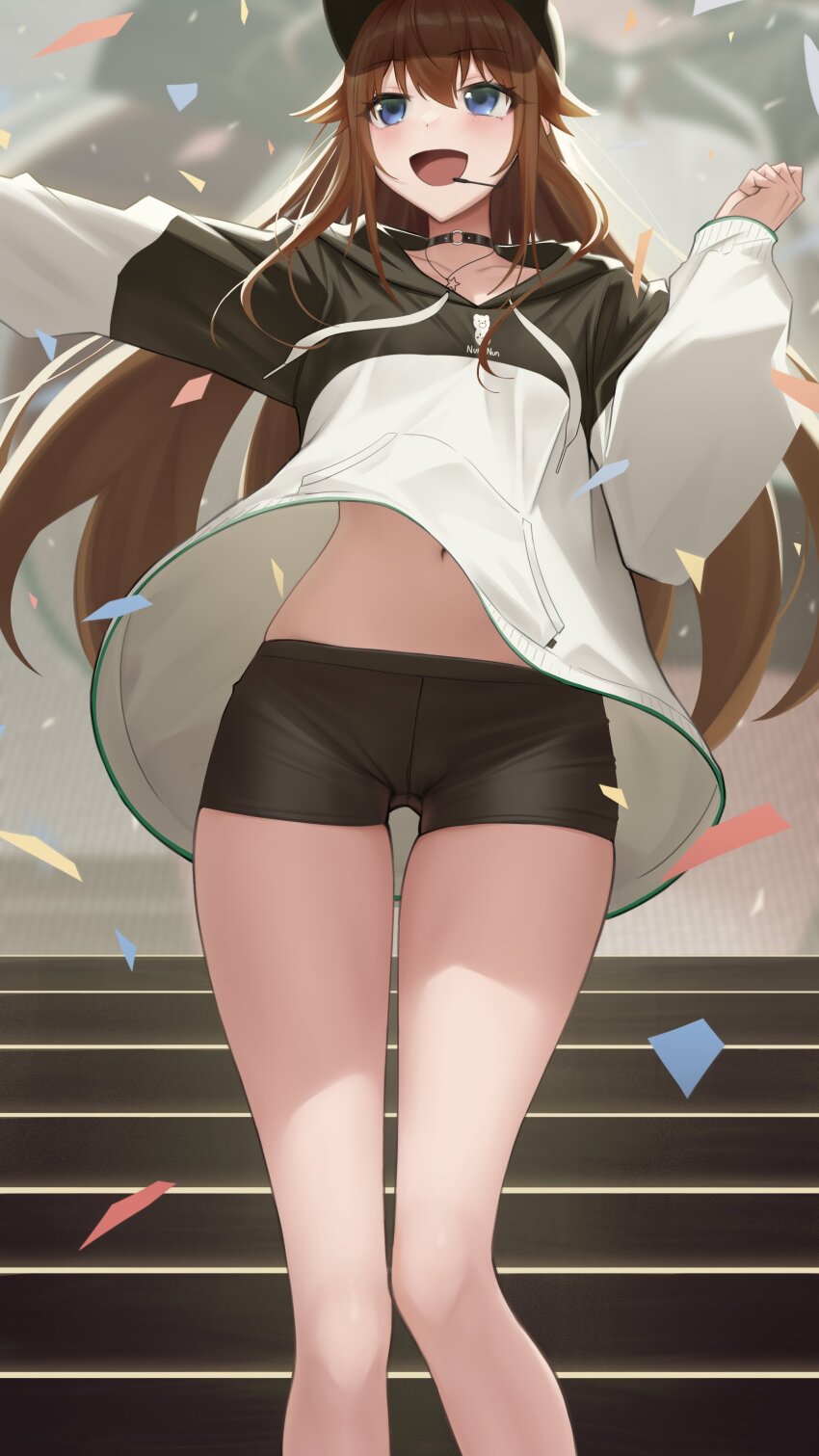 1girl, :d, absurdres, baseball_cap, bike_shorts, blue_eyes, brown_hair, casual, choker, confetti, hat, headset, highres, hololive, hood, hoodie, long_hair, long_sleeves, navel, open_mouth, skindentation, sleeves_past_wrists, smile, solo, somebody_(leiking00), stomach, thighs, tokino_sora, tokino_sora_(dj_hoodie), virtual_youtuber, wind, wind_lift