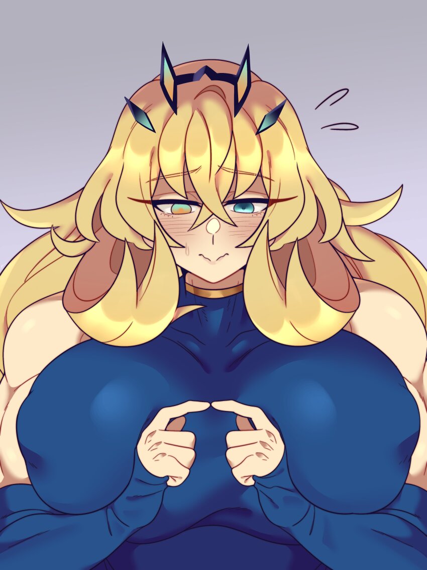 1girl, absurdres, bare_shoulders, barghest_(fate), blonde_hair, blue_eyes, blue_gloves, blue_shirt, blush, breasts, commentary, covered_collarbone, covered_erect_nipples, crossed_bangs, english_commentary, eyelashes, facing_viewer, fate/grand_order, fate_(series), fingerless_gloves, flying_sweatdrops, gloves, gold_trim, gradient_horns, hair_between_eyes, hands_up, heterochromia, highres, horns, huge_breasts, index_fingers_together, long_hair, looking_down, multicolored_eyes, multicolored_horns, muscular, muscular_female, myutoeve, nervous, orange_eyes, purple_background, shirt, simple_background, skin_tight, sleeveless, sleeveless_turtleneck, solo, sweatdrop, turtleneck, two-tone_eyes, upper_body, wavy_mouth