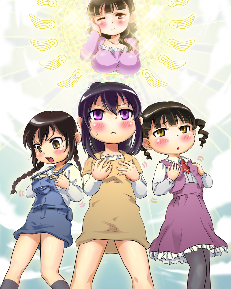 black_hair, blush, breast_envy, breasts, brown_eyes, karakara, marui_hitoha, mitsudomoe_(manga)