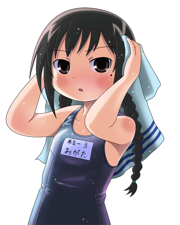 1girl, black_hair, braid, brown_eyes, female_focus, mitsudomoe_(manga), mole, nyagoro, ogata_airi, one-piece_swimsuit, school_swimsuit, solo, swimsuit, twin_braids, wet