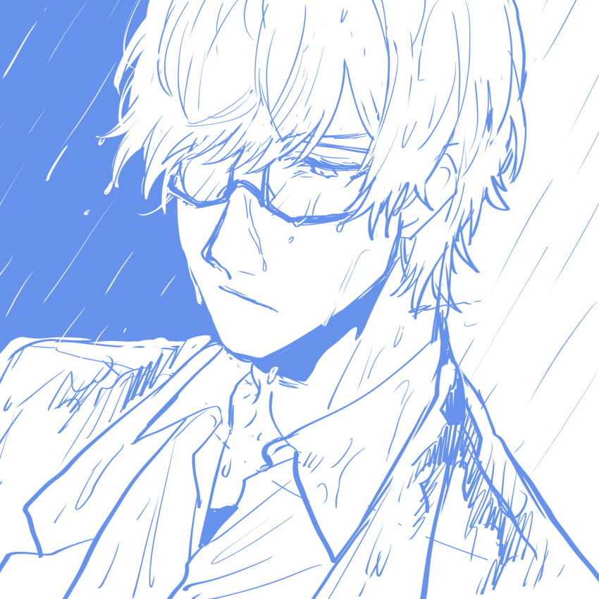 1boy, a_nzi_end, bleach, blue_theme, close-up, closed_mouth, collared_shirt, dutch_angle, glasses, hair_between_eyes, highres, ishida_ryuuken, light_frown, looking_down, monochrome, rain, shirt, undershirt, upper_body, wet, wet_clothes, wet_eyewear, wet_face, wet_hair