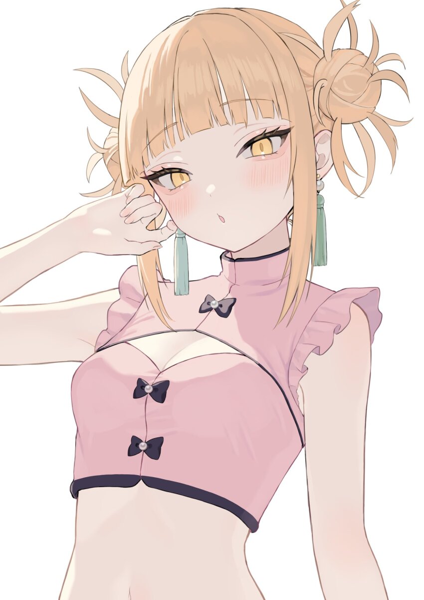 1girl, alternate_costume, black_bow, blonde_hair, blunt_bangs, blush, boku_no_hero_academia, bow