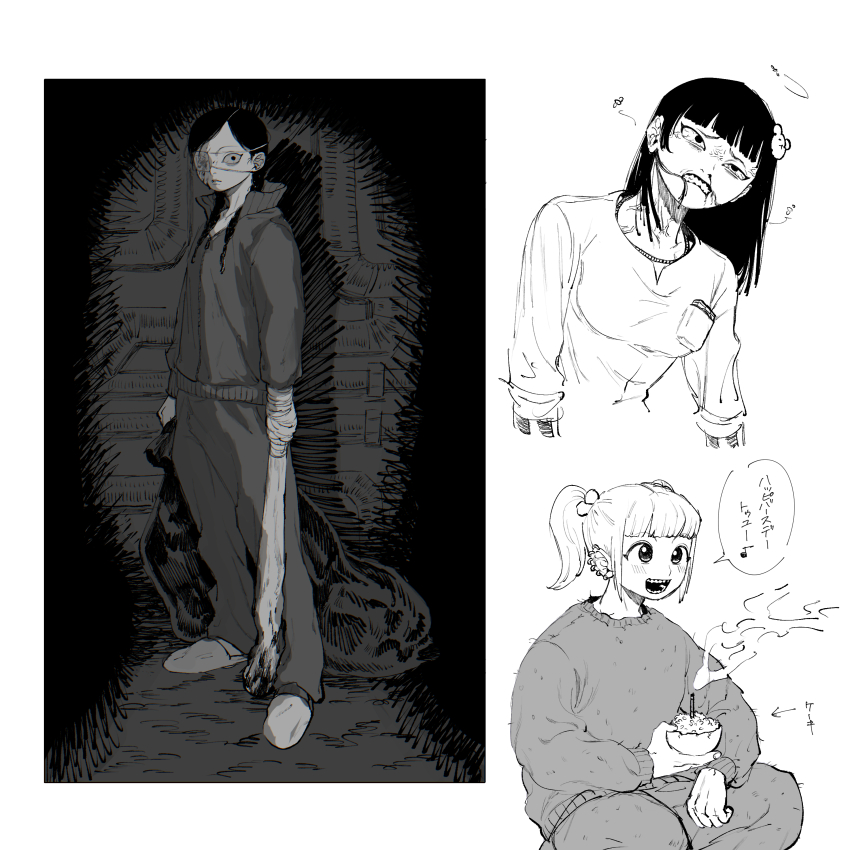 3girls, absurdres, angry, bag, bandaged_hand, bandages, baseball_bat, bear_hair_ornament