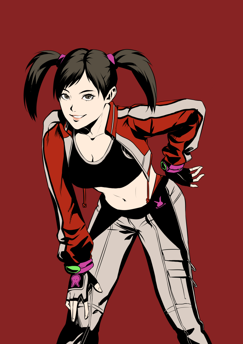 1girl, absurdres, avetetsuya_studios, black_gloves, black_sports_bra, bracelet, breasts, brown_eyes, cleavage, fingerless_gloves, gloves, hand_on_own_hip, hand_on_own_knee, highres, jacket, jewelry, large_breasts, leaning_forward, ling_xiaoyu, long_sleeves, looking_at_viewer, midriff, namco, pants, red_background, red_jacket, short_twintails, simple_background, smile, solo, sports_bra, sweatpants, tekken, tekken_4, tekken_tag_tournament_2, twintails, white_pants