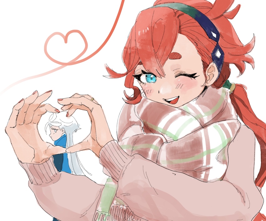 2girls, black_hairband, blue_eyes, blue_scarf, brown_scarf, brown_sweater, commentary, dark-skinned_female