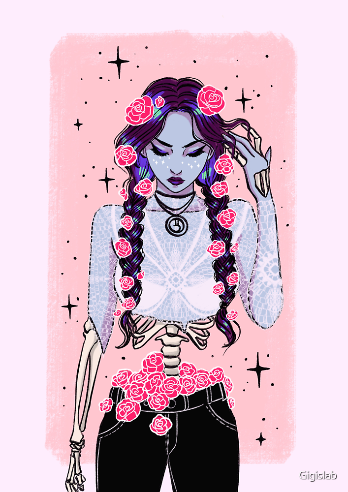 1girl, artist_name, black_pants, blue_skin, bone, braid, closed_eyes, colored_skin