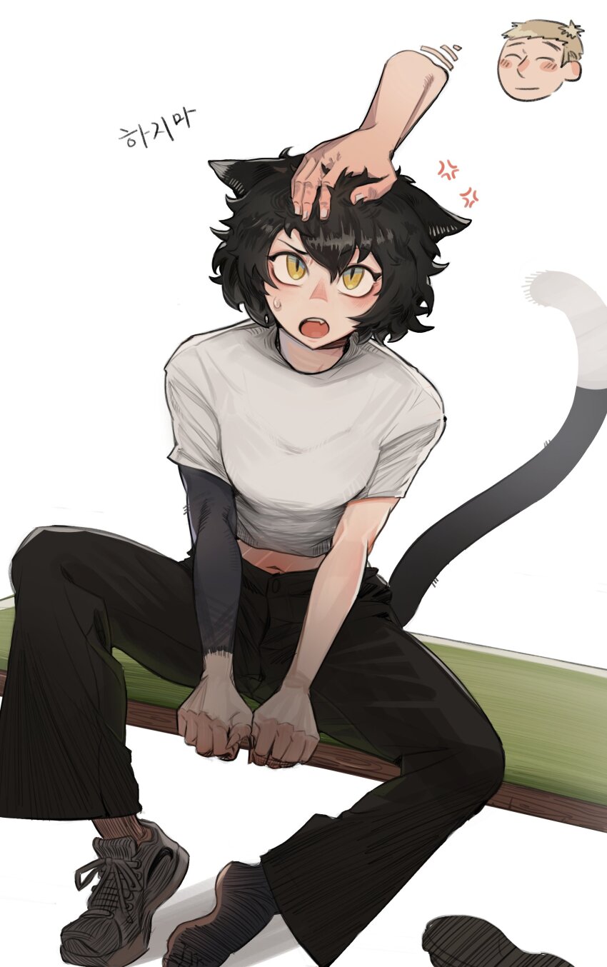 1boy, 1girl, absurdres, anger_vein, animal_ears, bench, blonde_hair, cat_ears, cat_girl, cat_tail, dungeon_meshi, fang, headpat, highres, izutsumi, jeehyung_seo, laios_touden, midriff, shirt, shoes, single_shoe, sitting, t-shirt, tail, yellow_eyes