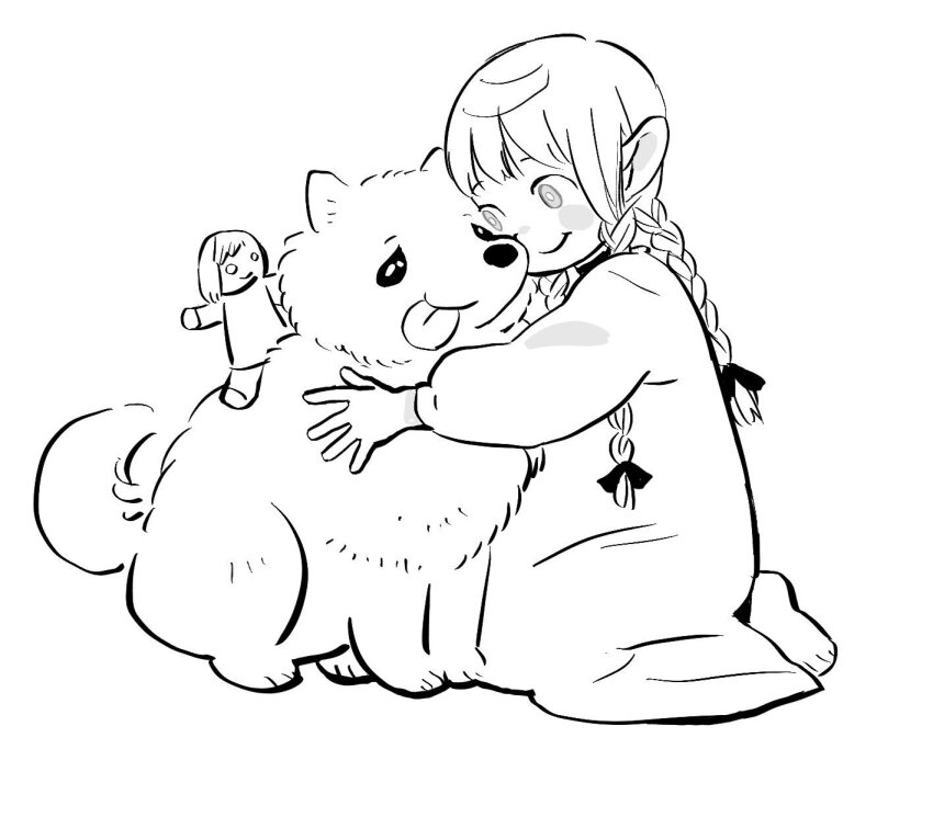 1girl, affectionate, aged_down, animal, animal_hug, animalization, barefoot, braid