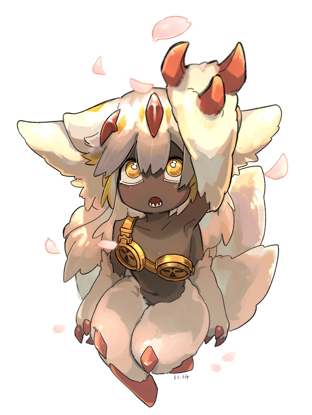 1girl, arm_up, armpits, body_fur, commentary_request, dark-skinned_female, dark_skin, dated, extra_arms, faputa, fewer_digits, flat_chest, full_body, gaesogaeng, goggles_around_breasts, hair_between_eyes, highres, korean_commentary, looking_up, lower_teeth_only, made_in_abyss, multiple_tails, navel, open_mouth, petals, reaching, sharp_teeth, simple_background, solo, tail, teeth, white_background, white_hair, yellow_eyes