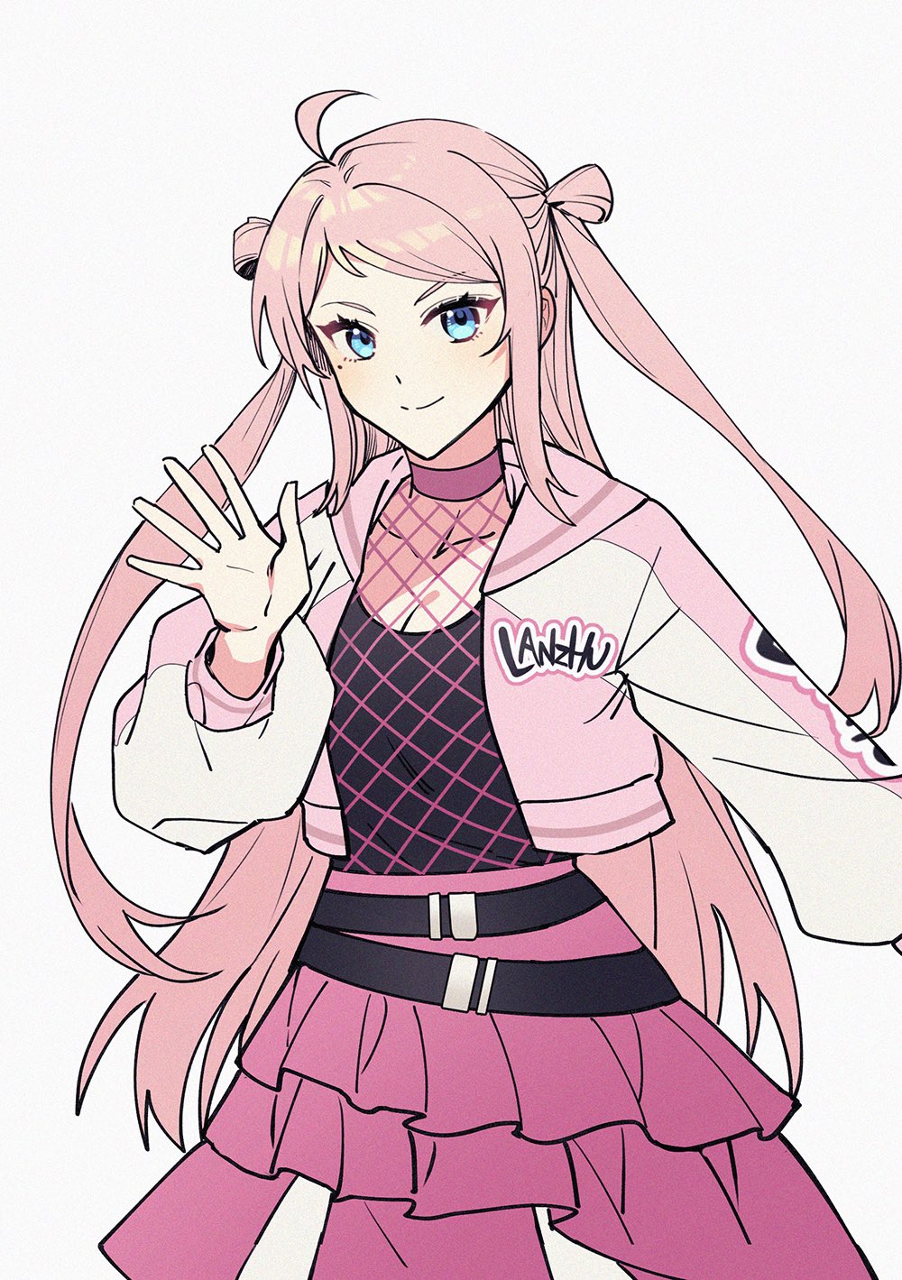 1girl, 5201314_(love_live!), ahoge, belt, black_belt, black_shirt, blue_eyes, breasts, choker, cleavage, closed_mouth, fishnet_top, fishnets, frilled_skirt, frills, highres, jacket, long_hair, long_sleeves, looking_at_viewer, love_live!, love_live!_nijigasaki_high_school_idol_club, medium_breasts, multicolored_jacket, pink_choker, pink_hair, pink_jacket, pink_skirt, shirt, sidelocks, skirt, solo, swept_bangs, two-tone_jacket, two_side_up, upper_body, white_background, white_jacket, xunyu_(manyu), zhong_lanzhu