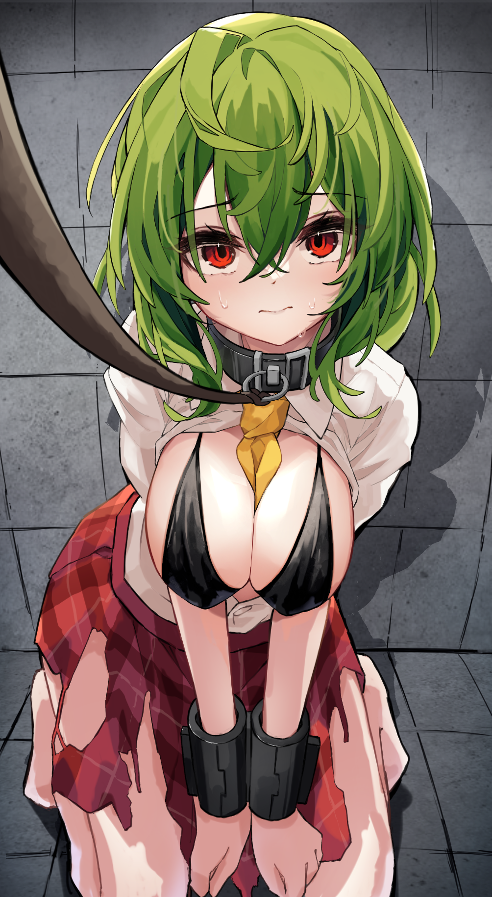 1girl, animal_collar, bare_legs, bikini, bikini_top_only, bikini_under_clothes, black_bikini, blush, bound, bound_wrists, breasts, collar, cuffs, green_hair, hair_between_eyes, highres, hira-san, kazami_yuuka, kneeling, large_breasts, leash, looking_at_viewer, open_clothes, open_shirt, plaid_clothes, plaid_skirt, red_eyes, red_skirt, restrained, shackles, shirt, skirt, solo, sweat, swimsuit, torn_clothes, torn_skirt, touhou, upturned_eyes, viewer_holding_leash, white_shirt