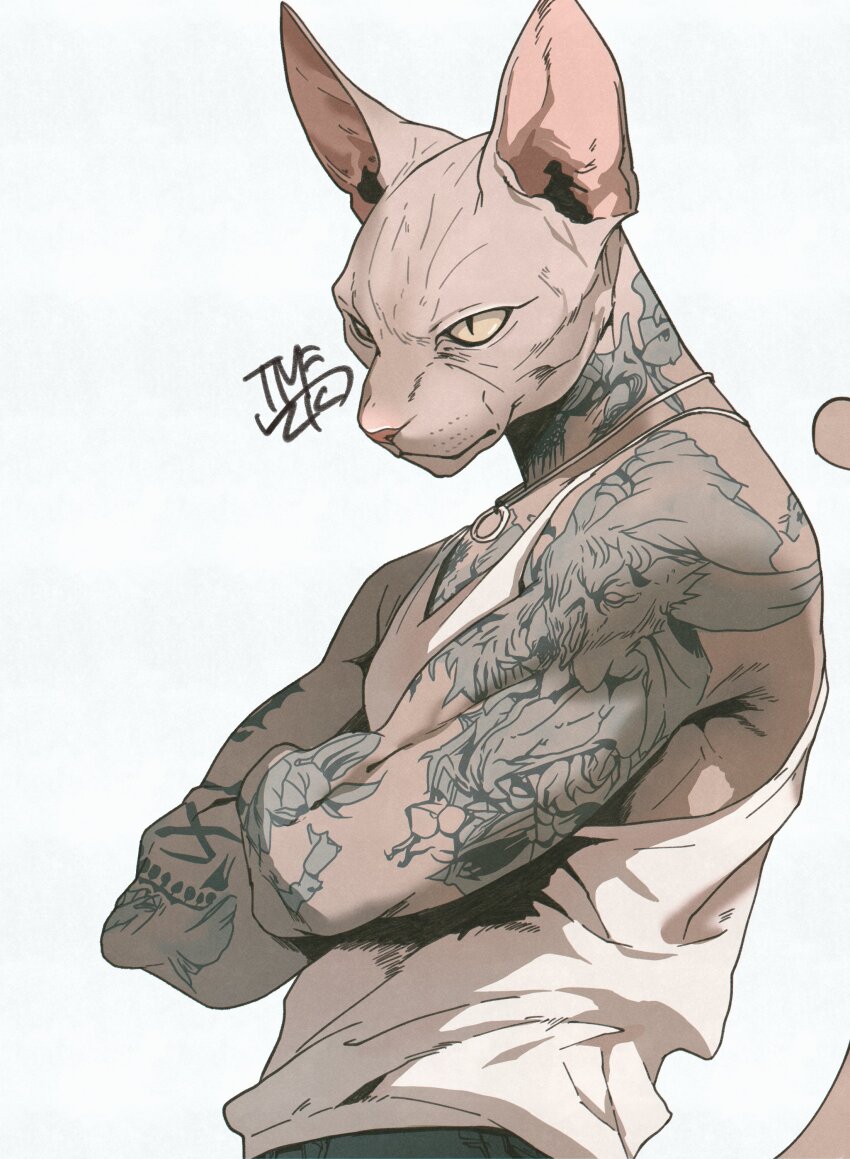 1boy, absurdres, animal_ears, arm_tattoo, artist_name, blue_background, cat_boy, cat_ears