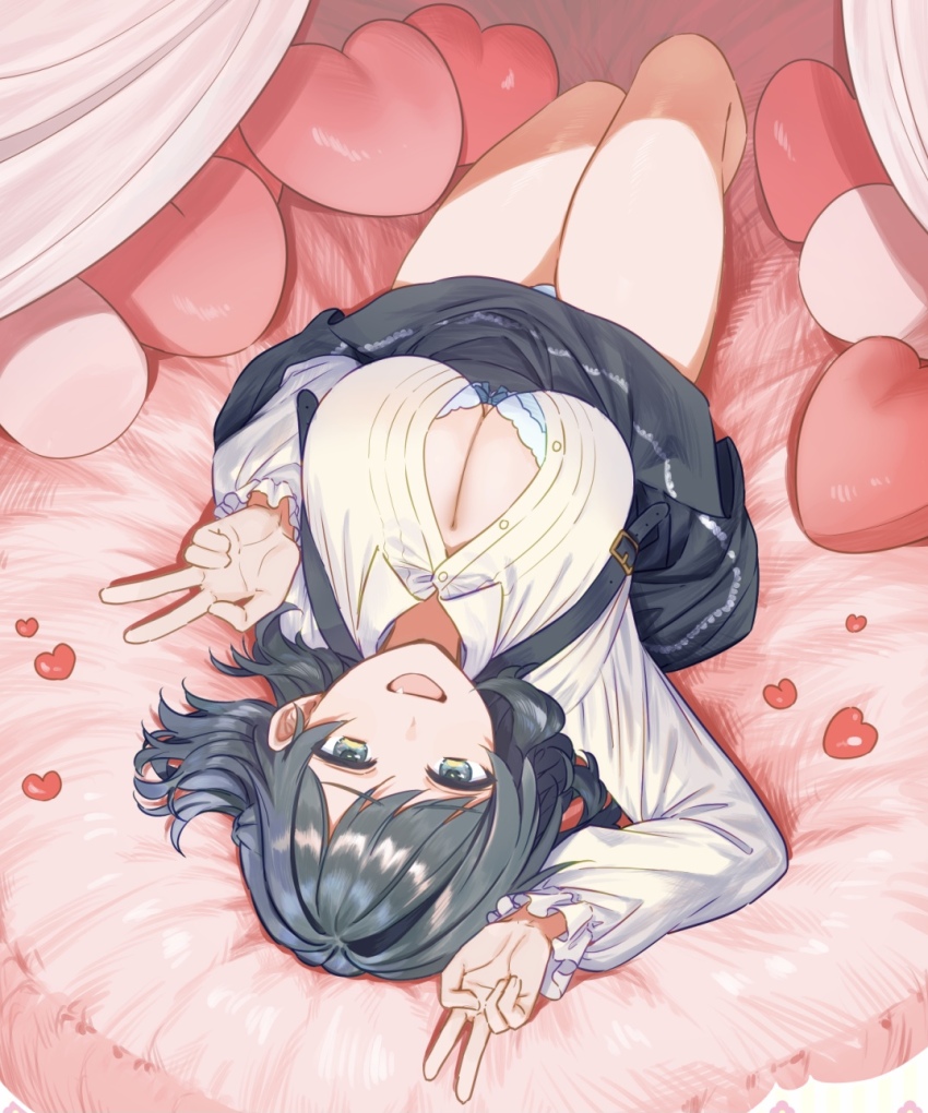 1girl, bare_legs, bed, black_skirt, borrowed_character, bra, breasts, cleavage, clothes_lift, commentary, double_v, fang, frilled_sleeves, frills, from_above, green_eyes, green_hair, hachikasu_otone, hands_up, heart, heart-shaped_pillow, highres, hitsujike_(hamsterhouse), large_breasts, long_sleeves, looking_at_viewer, lying, medium_hair, on_back, on_bed, open_mouth, original, panties, panty_peek, pillow, shirt, skirt, skirt_lift, solo, suspender_skirt, suspenders, unbuttoned, unbuttoned_shirt, underwear, upside-down, v, white_panties, white_shirt