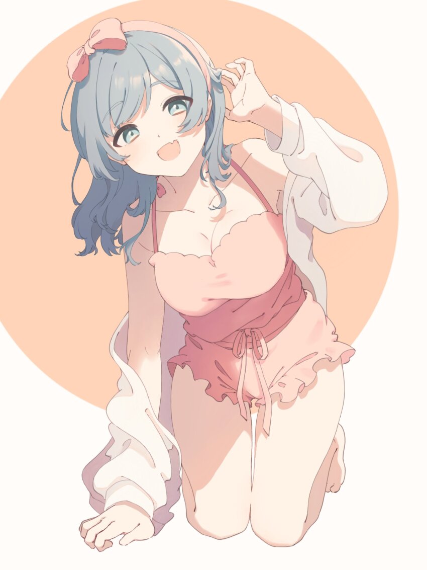 1girl, :d, bare_shoulders, barefoot, bow, breasts, cleavage, commission