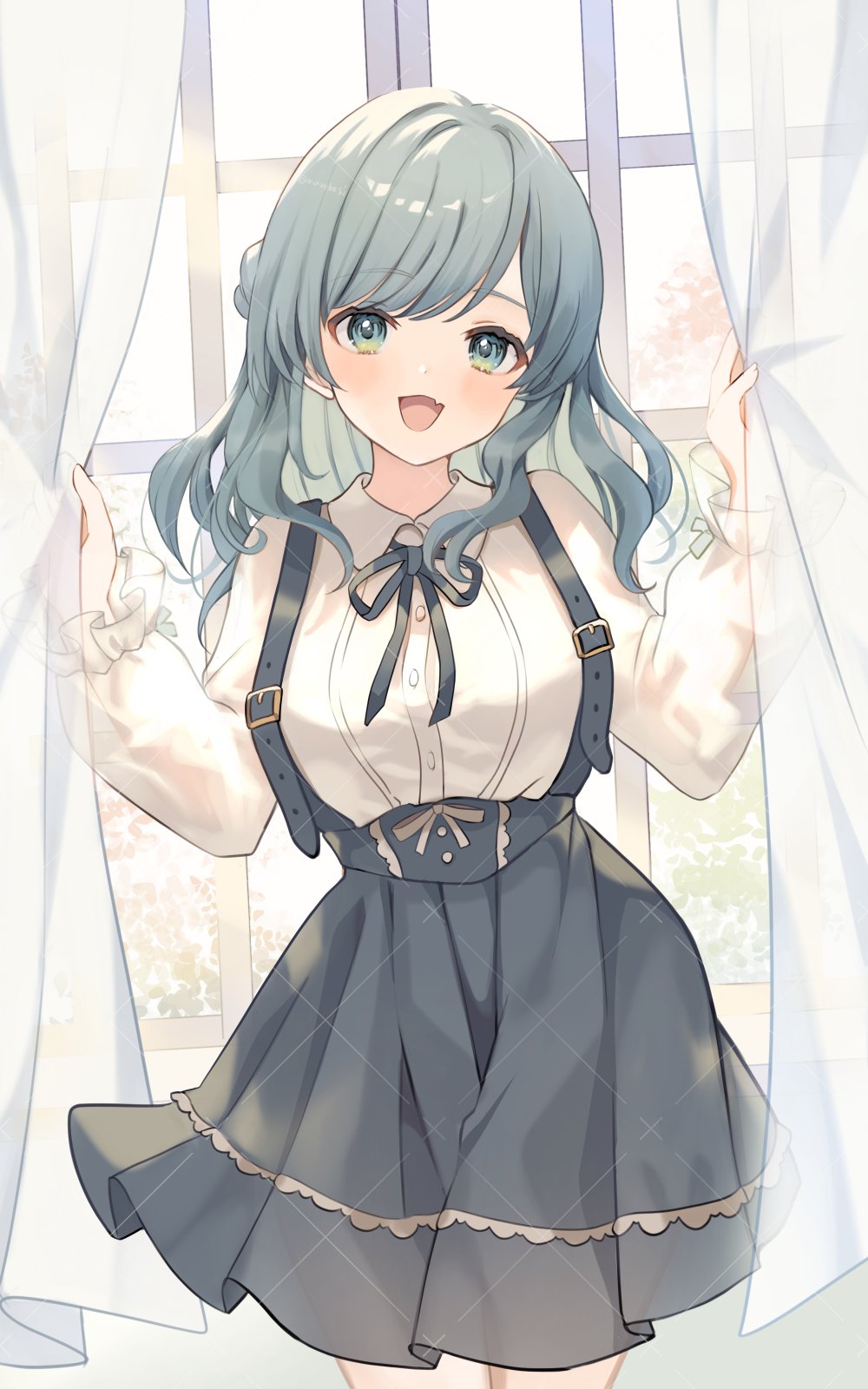 1girl, :d, borrowed_character, commentary, commission, cowboy_shot, curly_hair, dot_nose